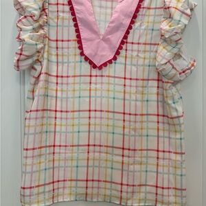 Colorful Plaid Women's Blouse with Pink Trim